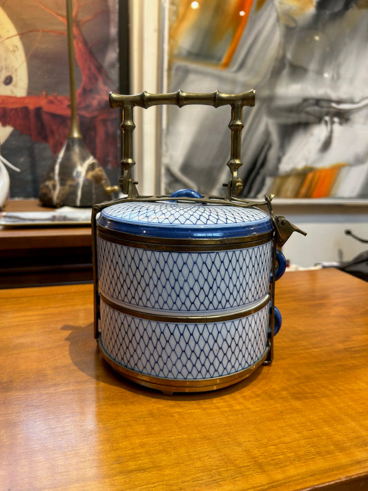 Vintage Porcelain & Brass Stacked Tiffin Carrier