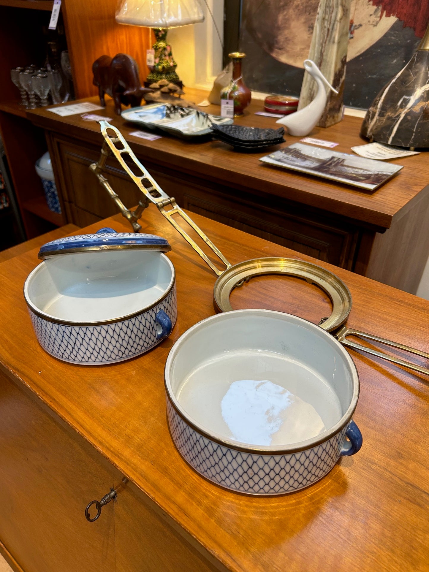 Vintage Porcelain & Brass Stacked Tiffin Carrier