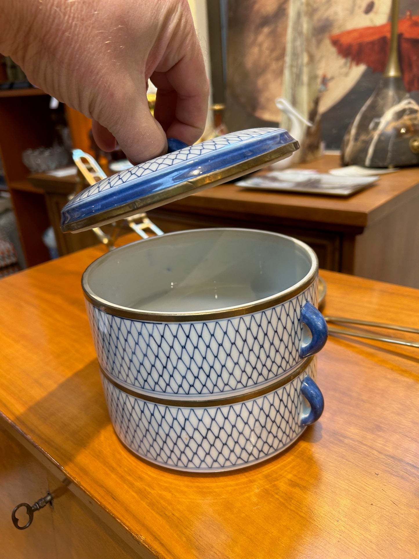 Vintage Porcelain & Brass Stacked Tiffin Carrier