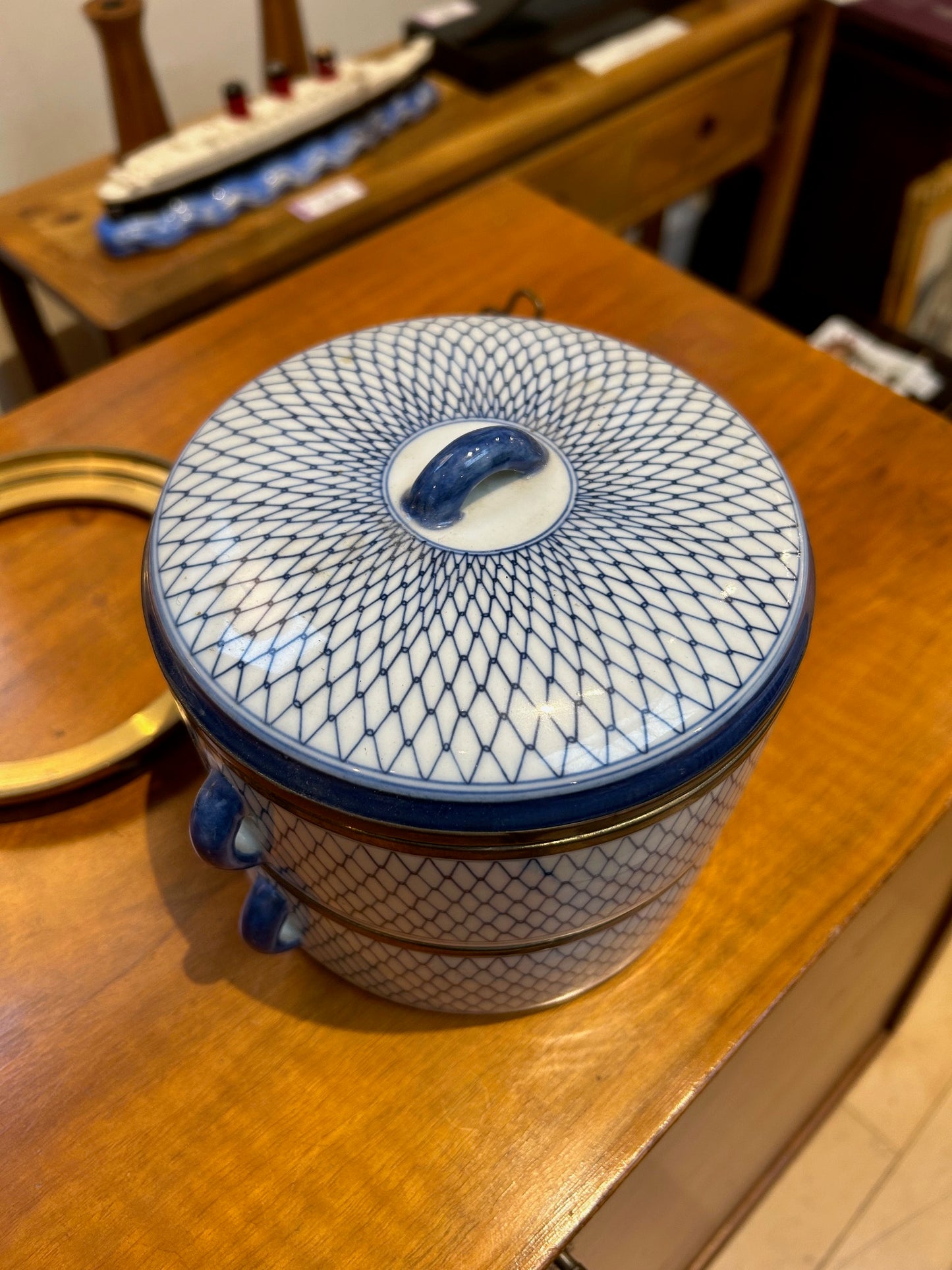 Vintage Porcelain & Brass Stacked Tiffin Carrier