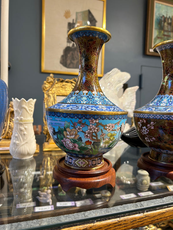 Unusual Cloisonne Vase with Wood Stand