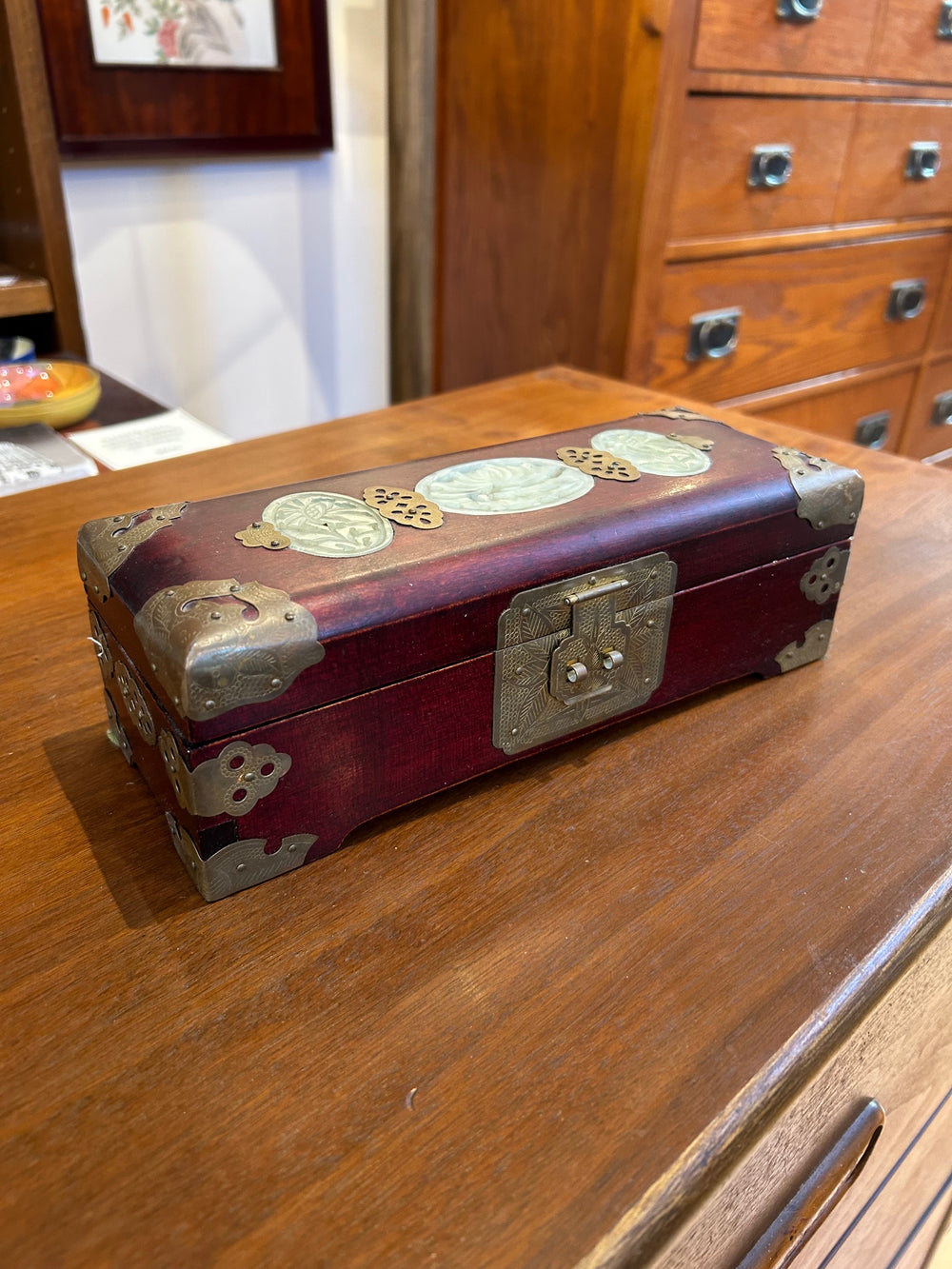 Vintage Long Asian Style Jewelry Box w/ Jade
