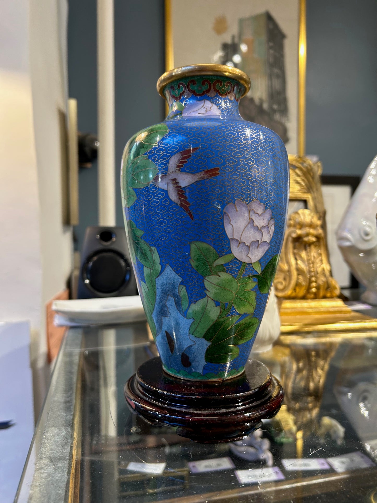 Blue Cloisonne Vase with Wood Stand
