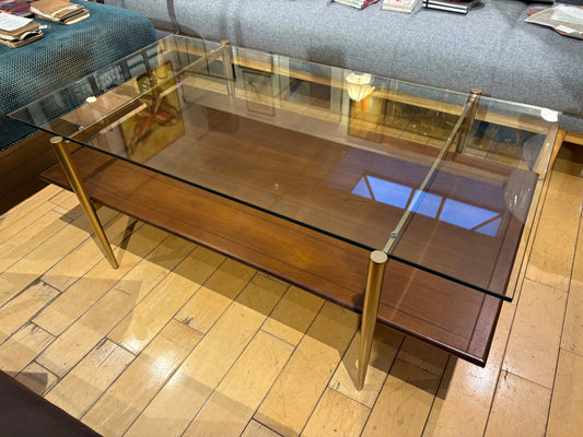 Two-Tier Glass and Wood Coffee Table with Brass Frame