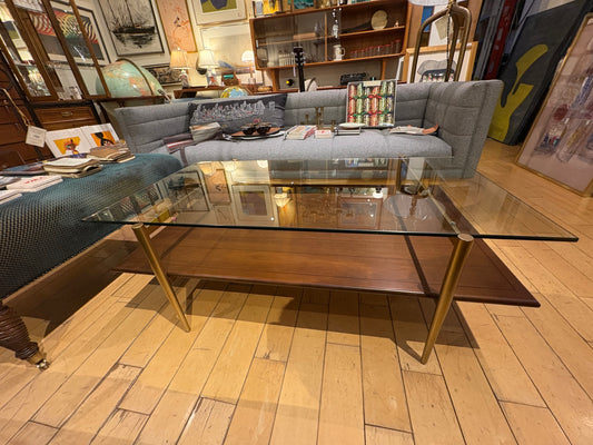 Two-Tier Glass and Wood Coffee Table with Brass Frame