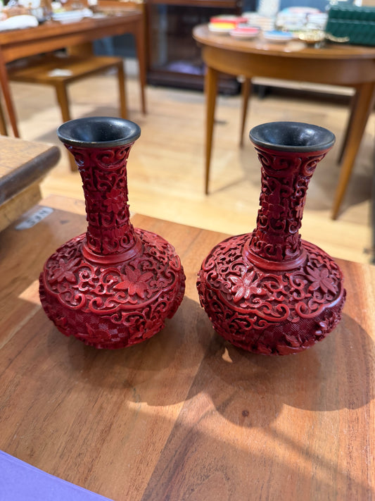Med. Carved Cinnabar Vase with Long Neck