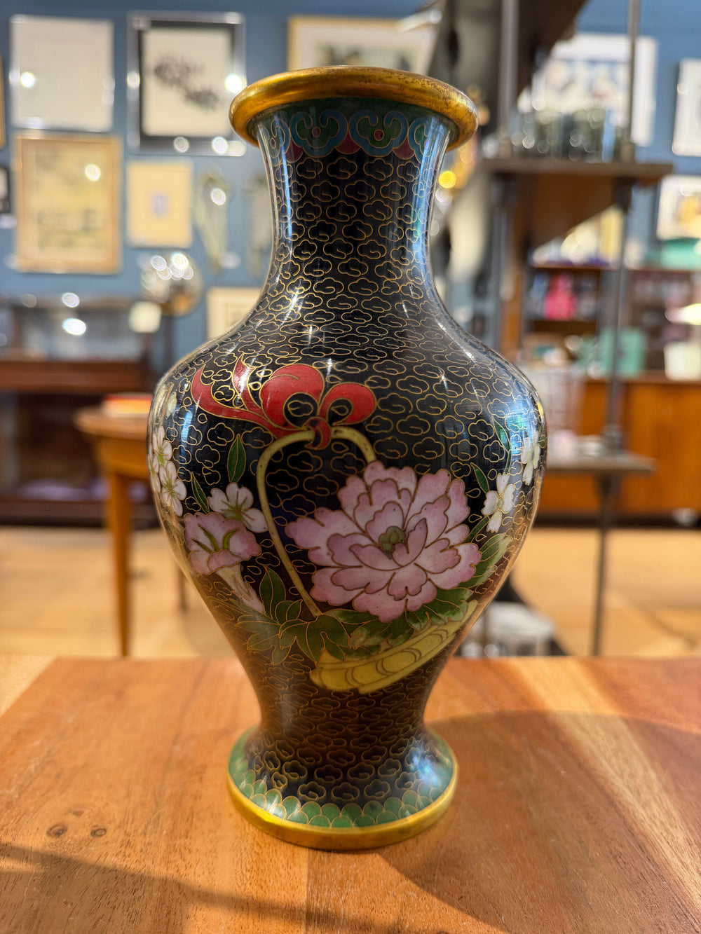 Large Black Cloisonne Vase with Flower Basket Design