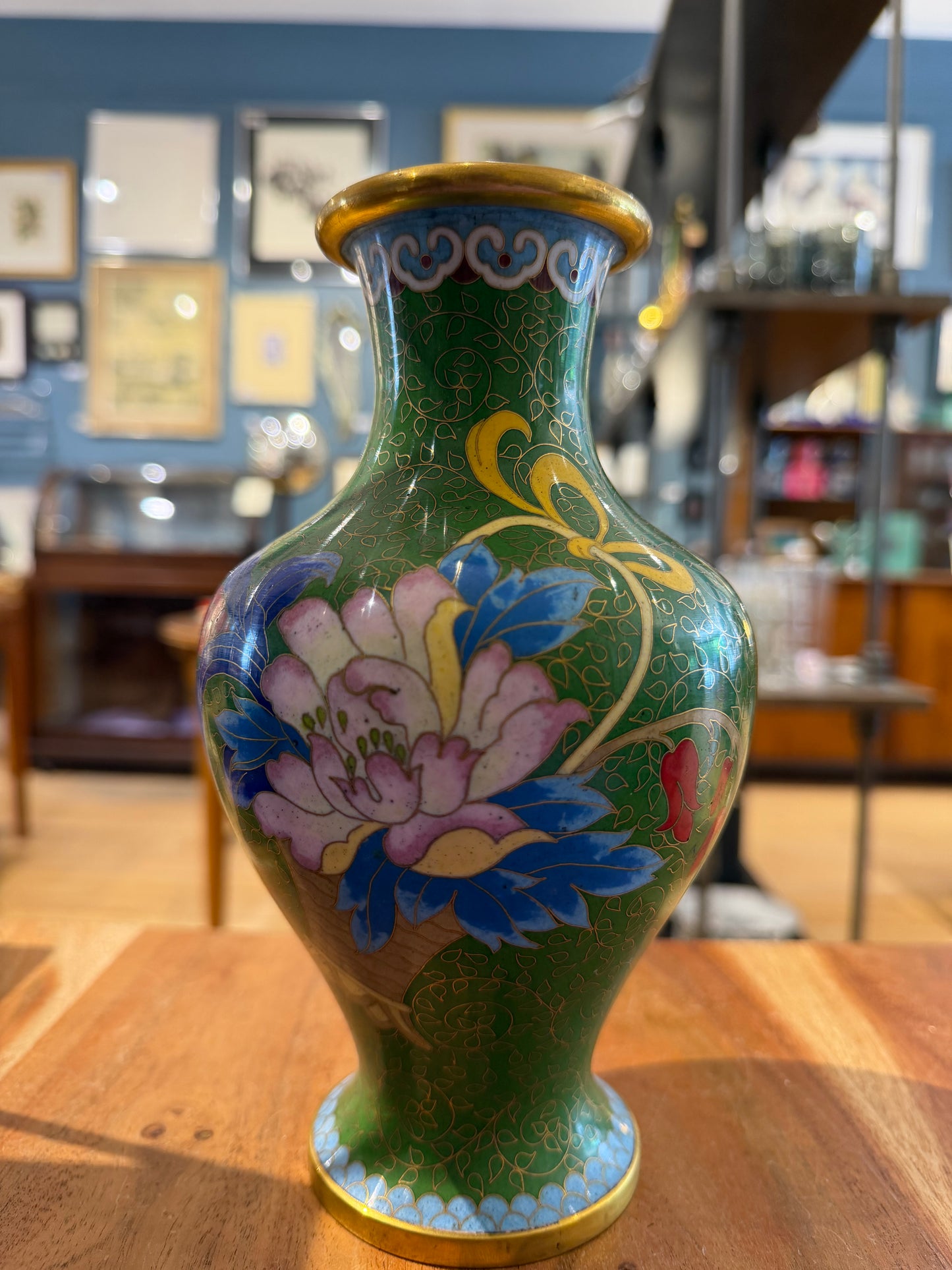 Large Green Cloisonne Vase with Flower Basket Design