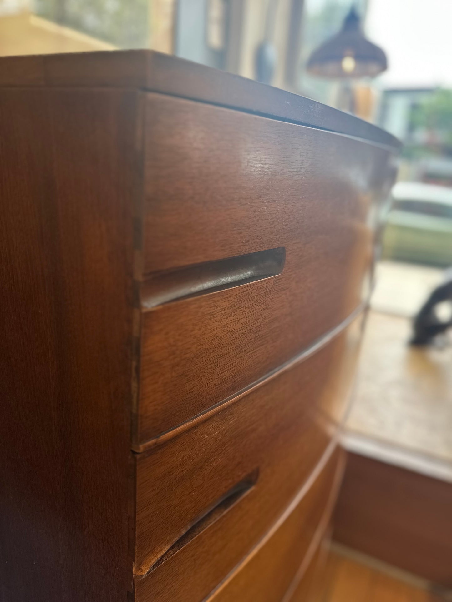 Walnut Tall Curved Front Dresser with Inverted Pulls