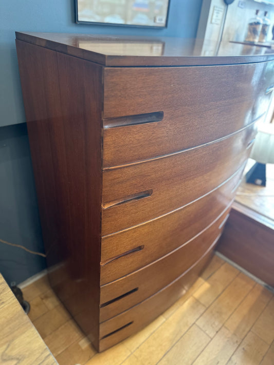 Walnut Tall Curved Front Dresser with Inverted Pulls