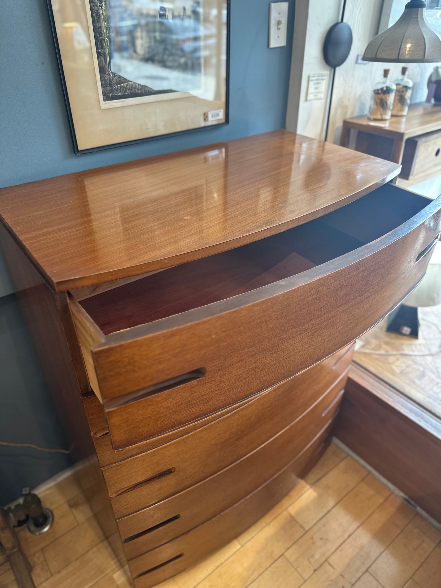 Walnut Tall Curved Front Dresser with Inverted Pulls
