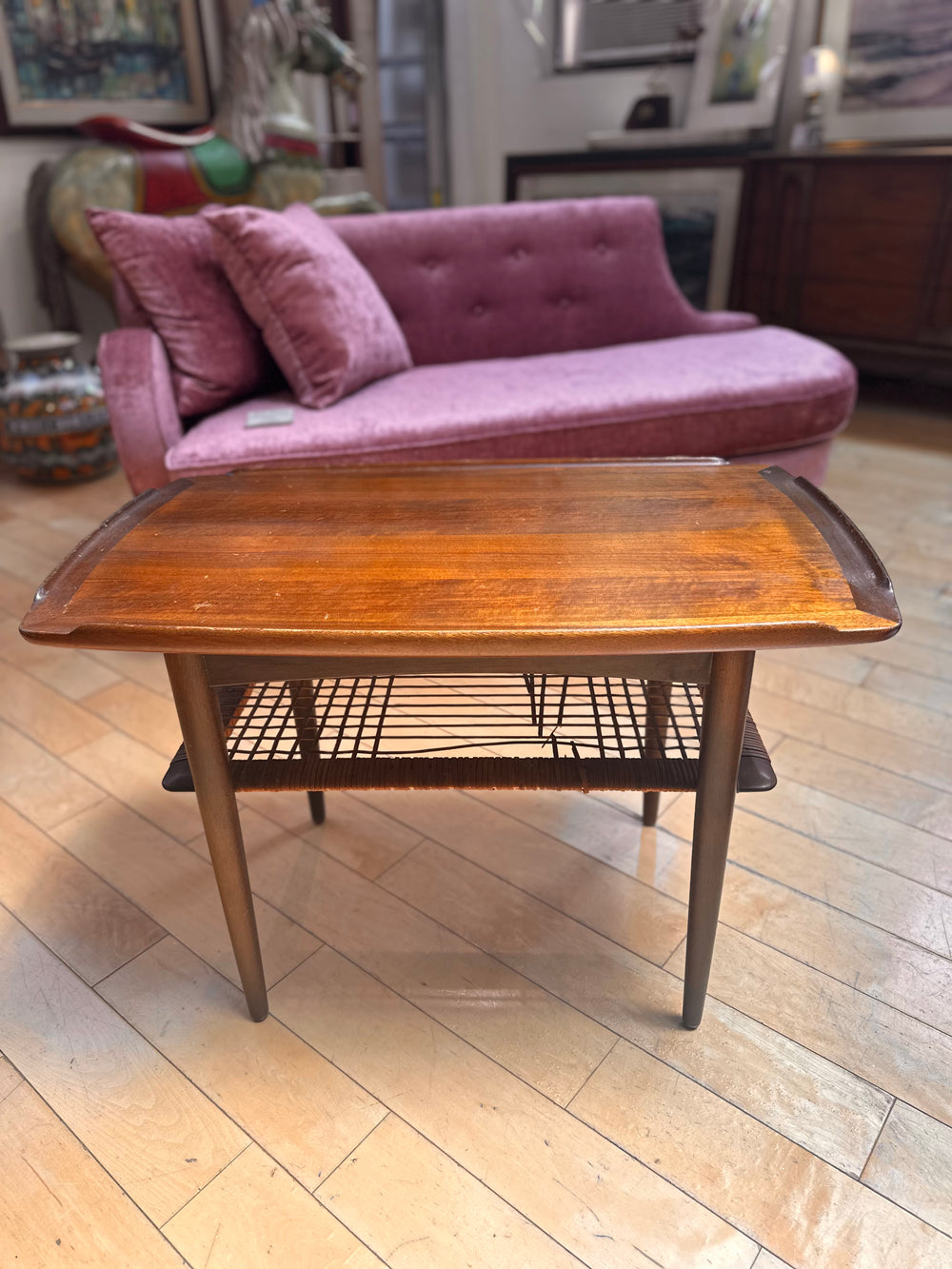 Danish Walnut End Table with Wicker Shelf