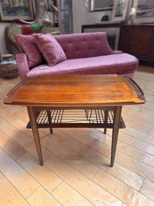 Danish Walnut End Table with Wicker Shelf