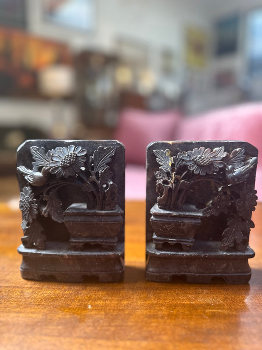 Flowers and Bird Carved Stone Bookends