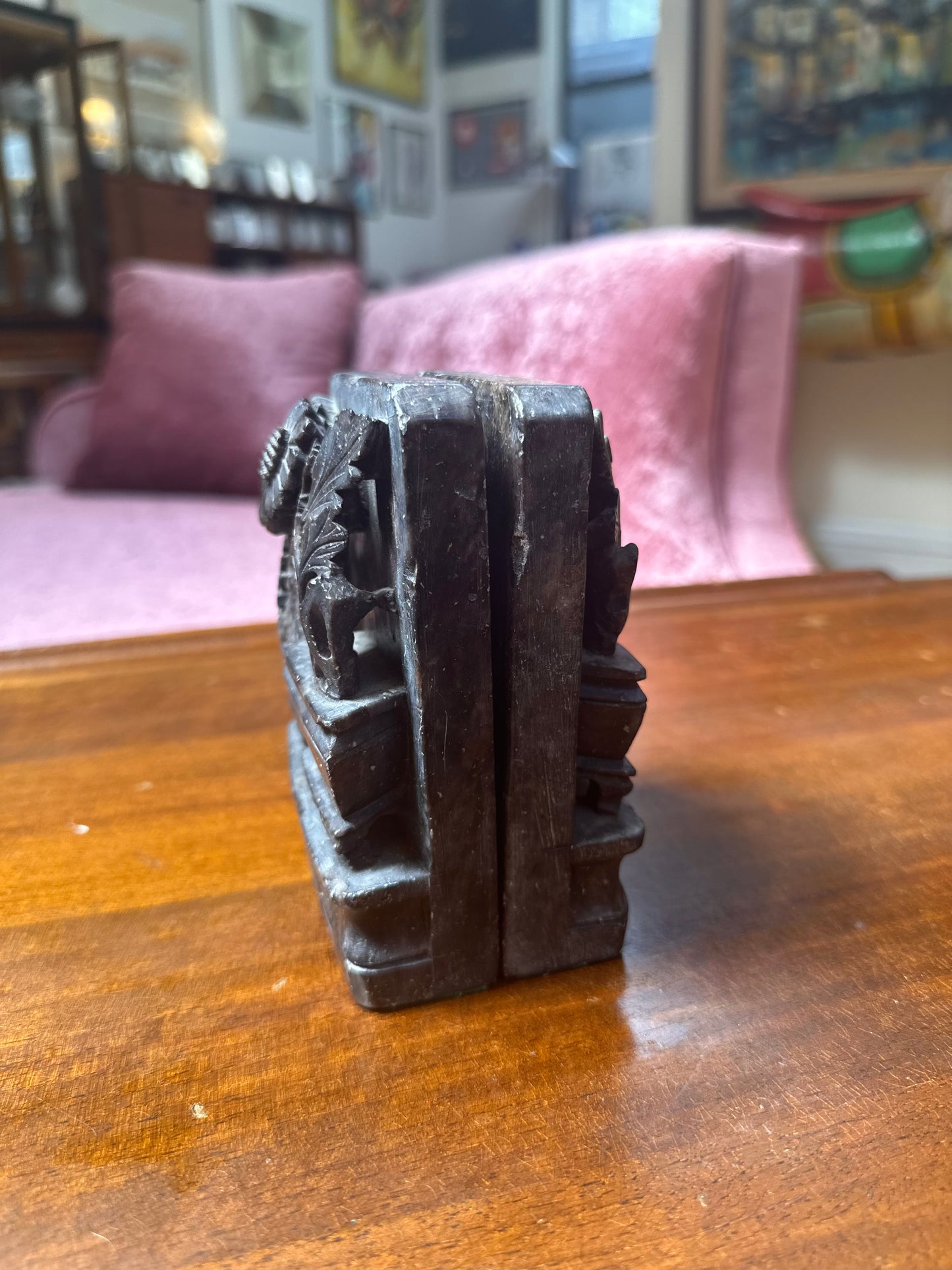 Flowers and Bird Carved Stone Bookends