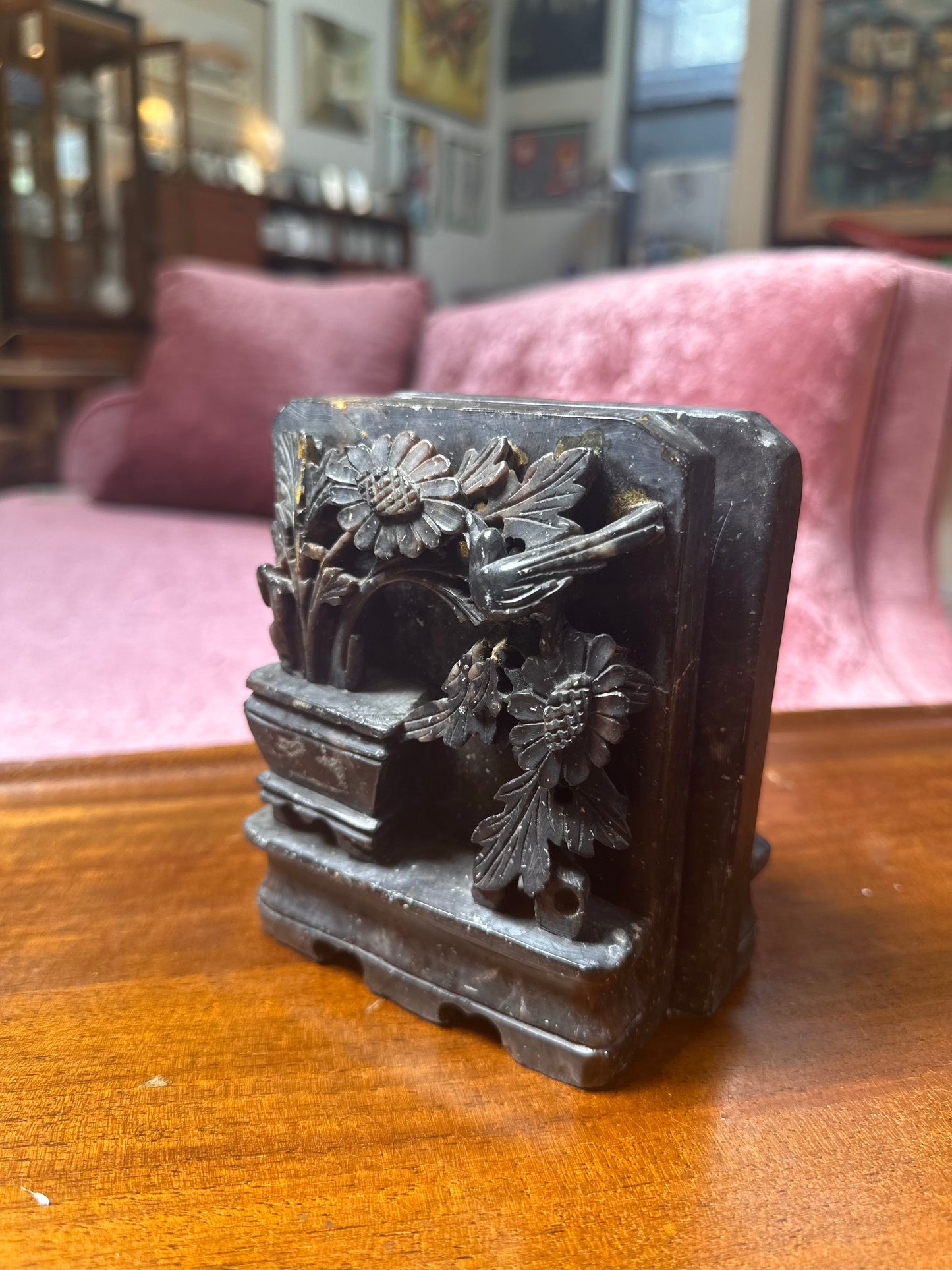 Flowers and Bird Carved Stone Bookends