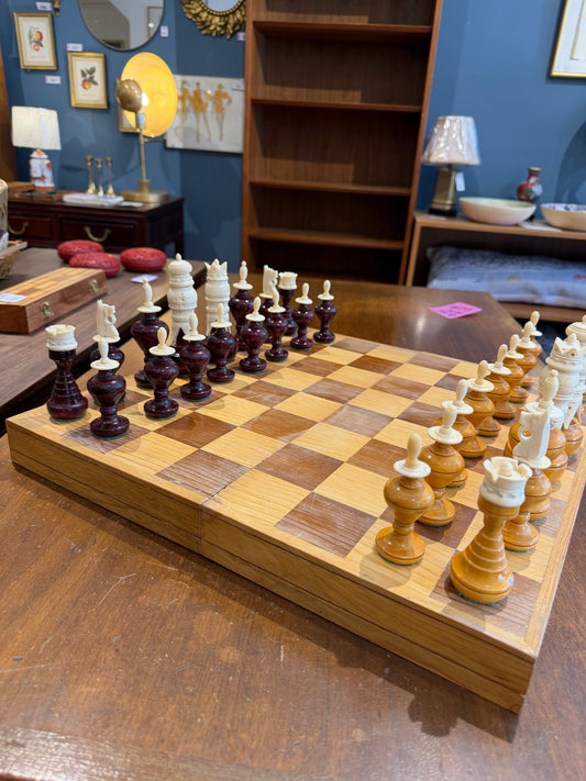 Vintage Folding Chess Set with Wood and Bone Pieces