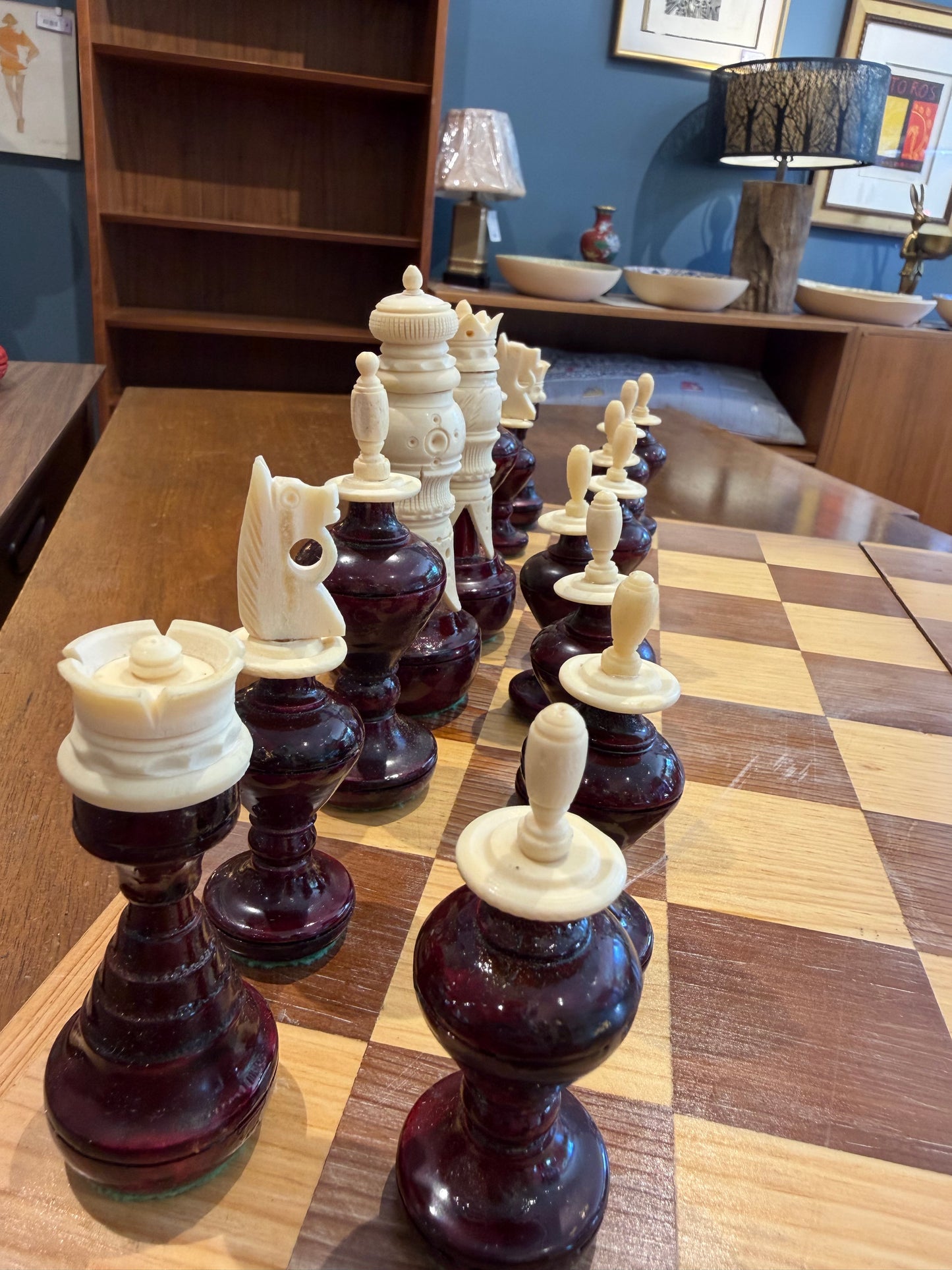 Vintage Folding Chess Set with Wood and Bone Pieces