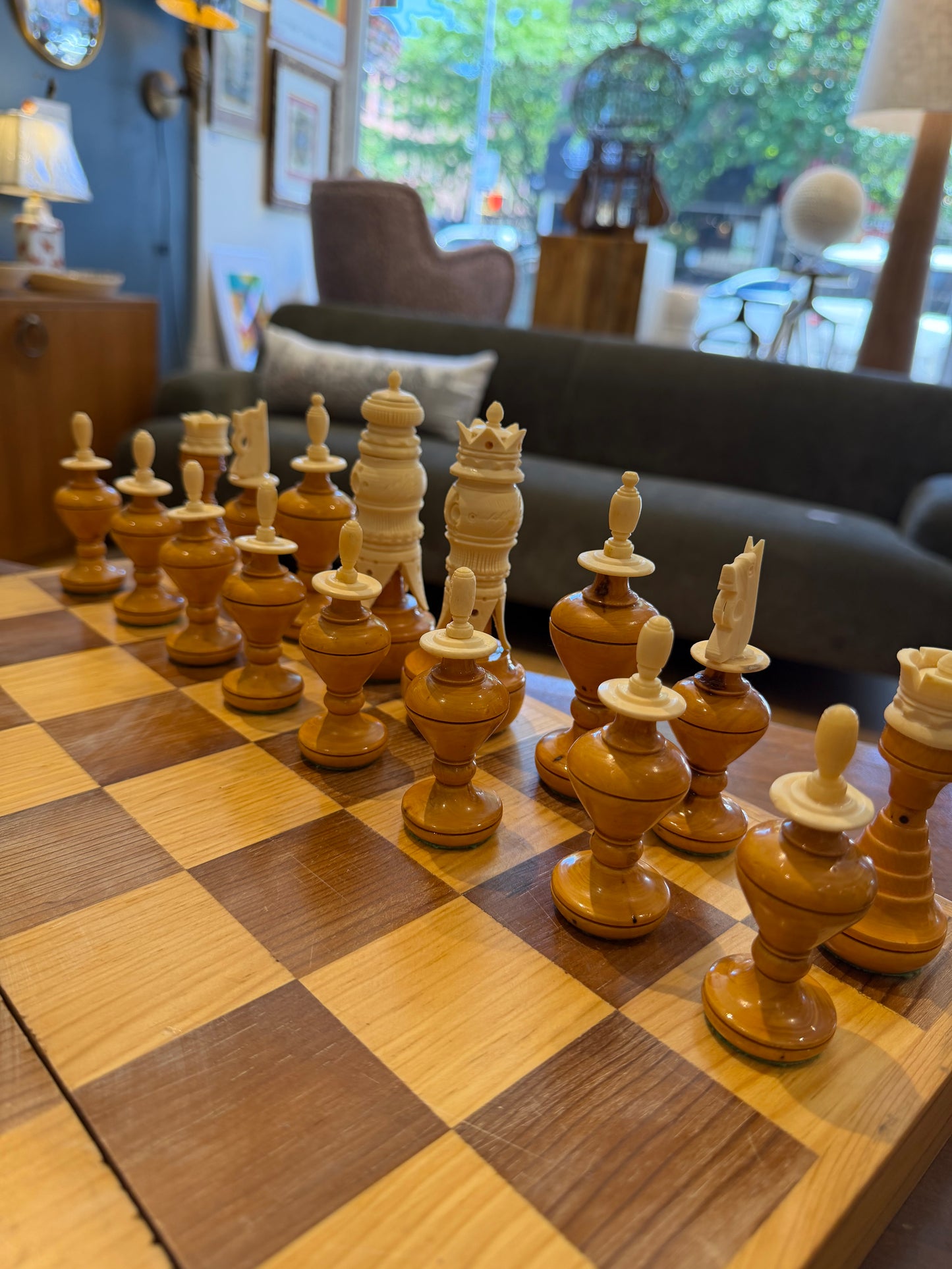 Vintage Folding Chess Set with Wood and Bone Pieces