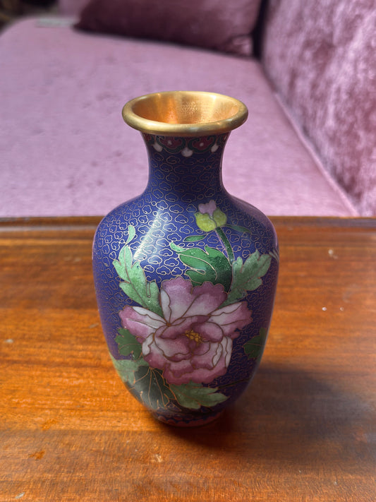 Blue Cloisonne Vase with Pink Peony