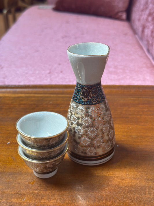 Painted Porcelain Sake Set with 3 Cups
