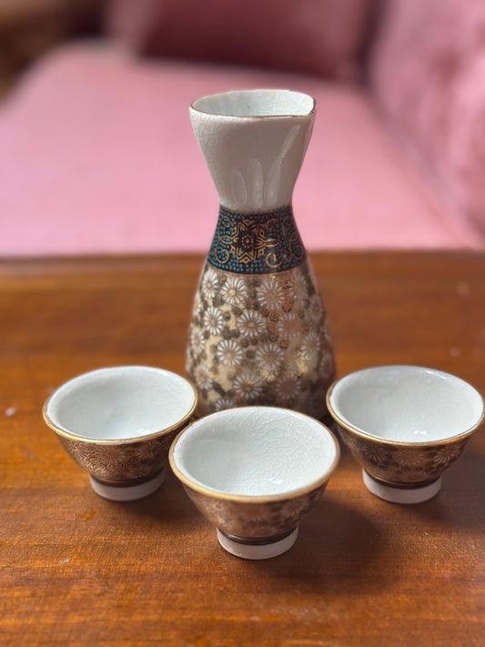 Painted Porcelain Sake Set with 3 Cups