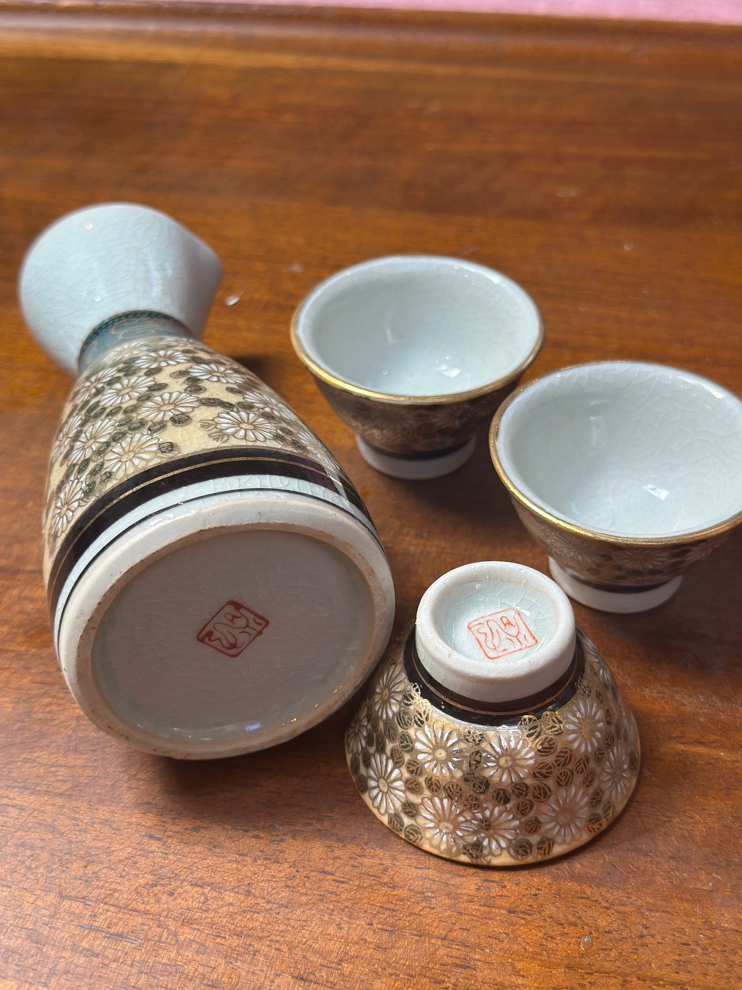 Painted Porcelain Sake Set with 3 Cups