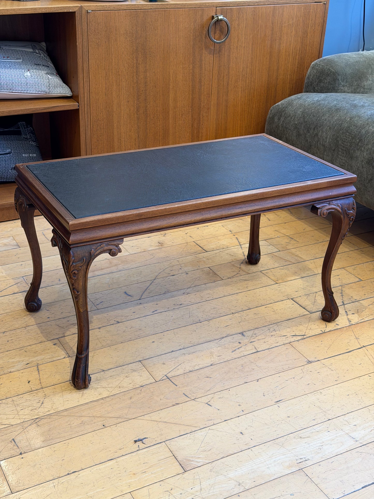 Small Wood Coffee Table with Black Leather Top