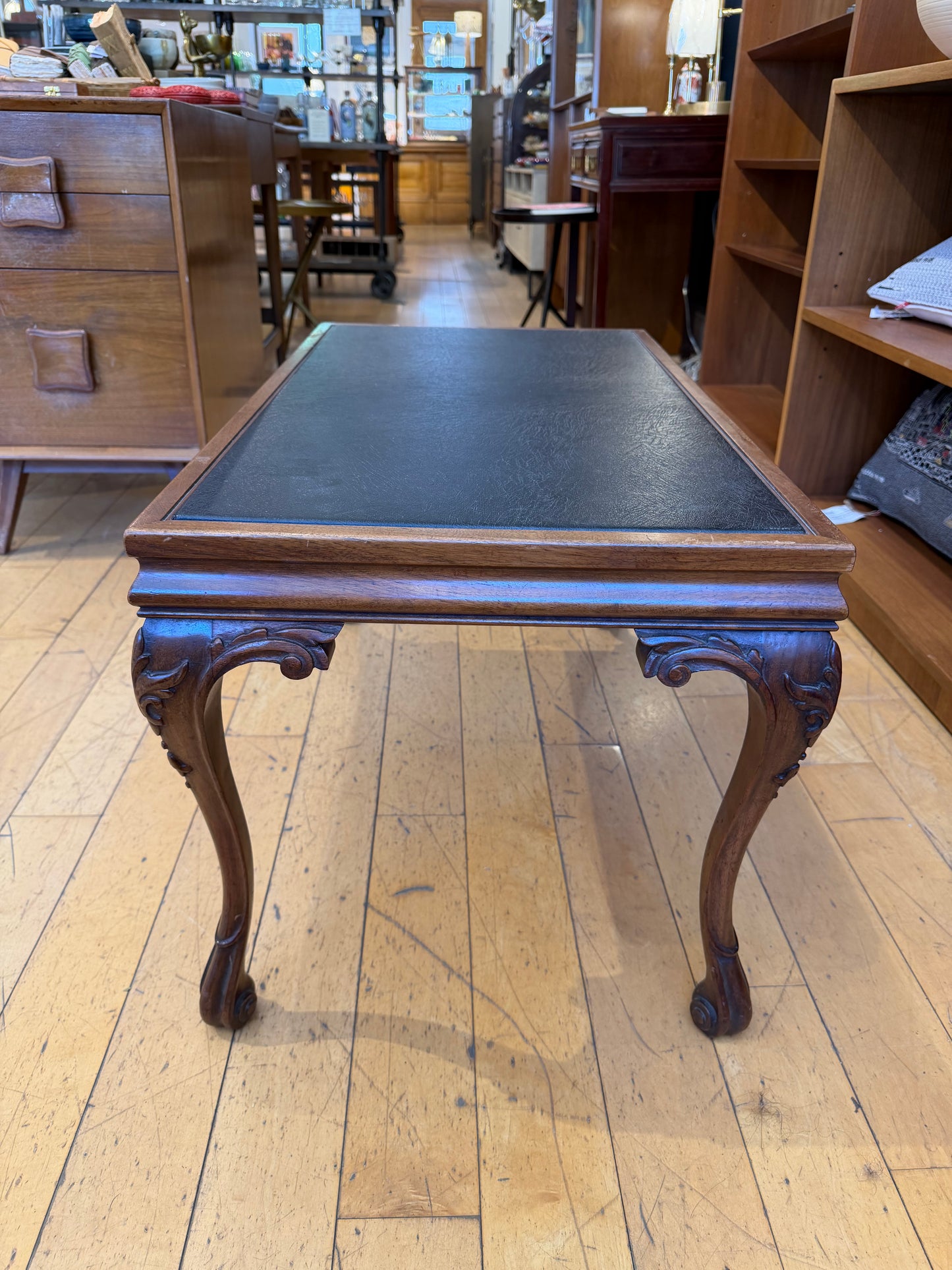 Small Wood Coffee Table with Black Leather Top