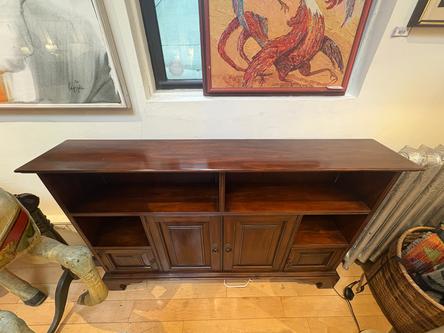 Narrow Wood Console with 4 Cabinet Doors