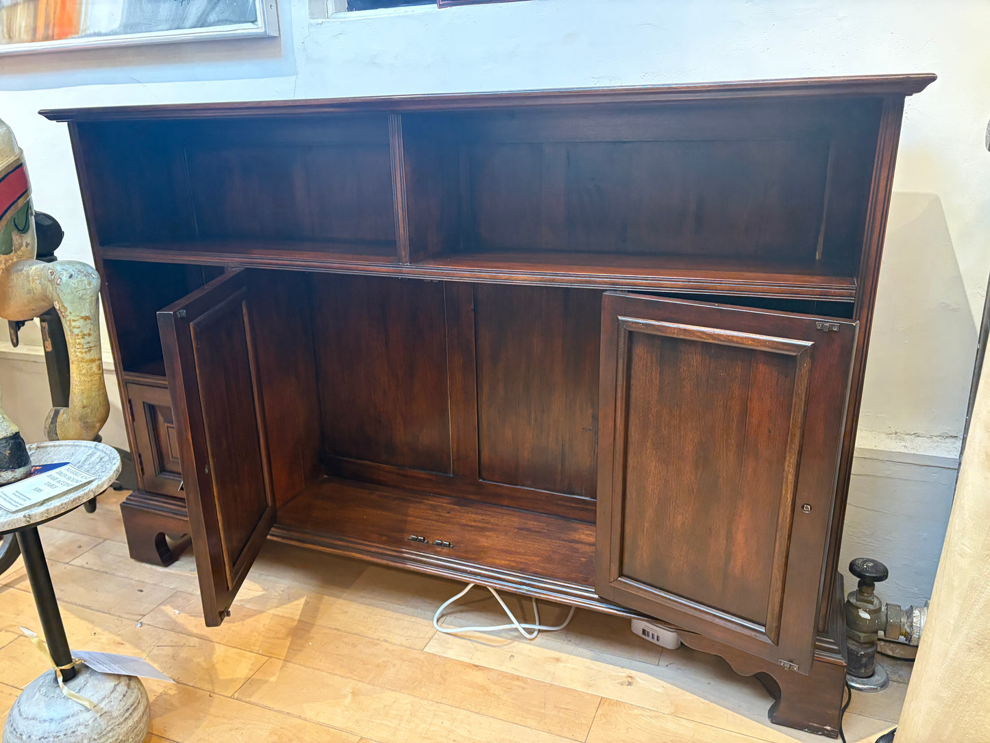 Narrow Wood Console with 4 Cabinet Doors