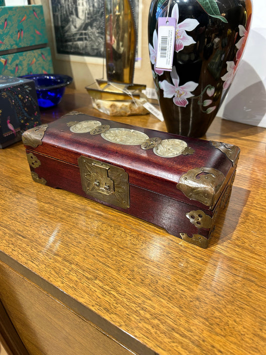 Vintage Long Asian Style Jewelry Box w/ Jade