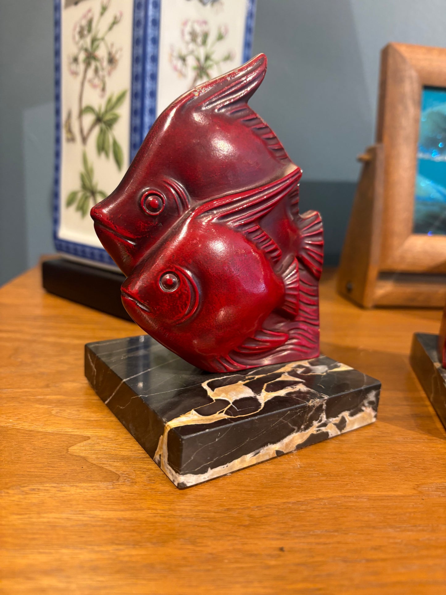 Red Enamel and Marble Fish Bookends