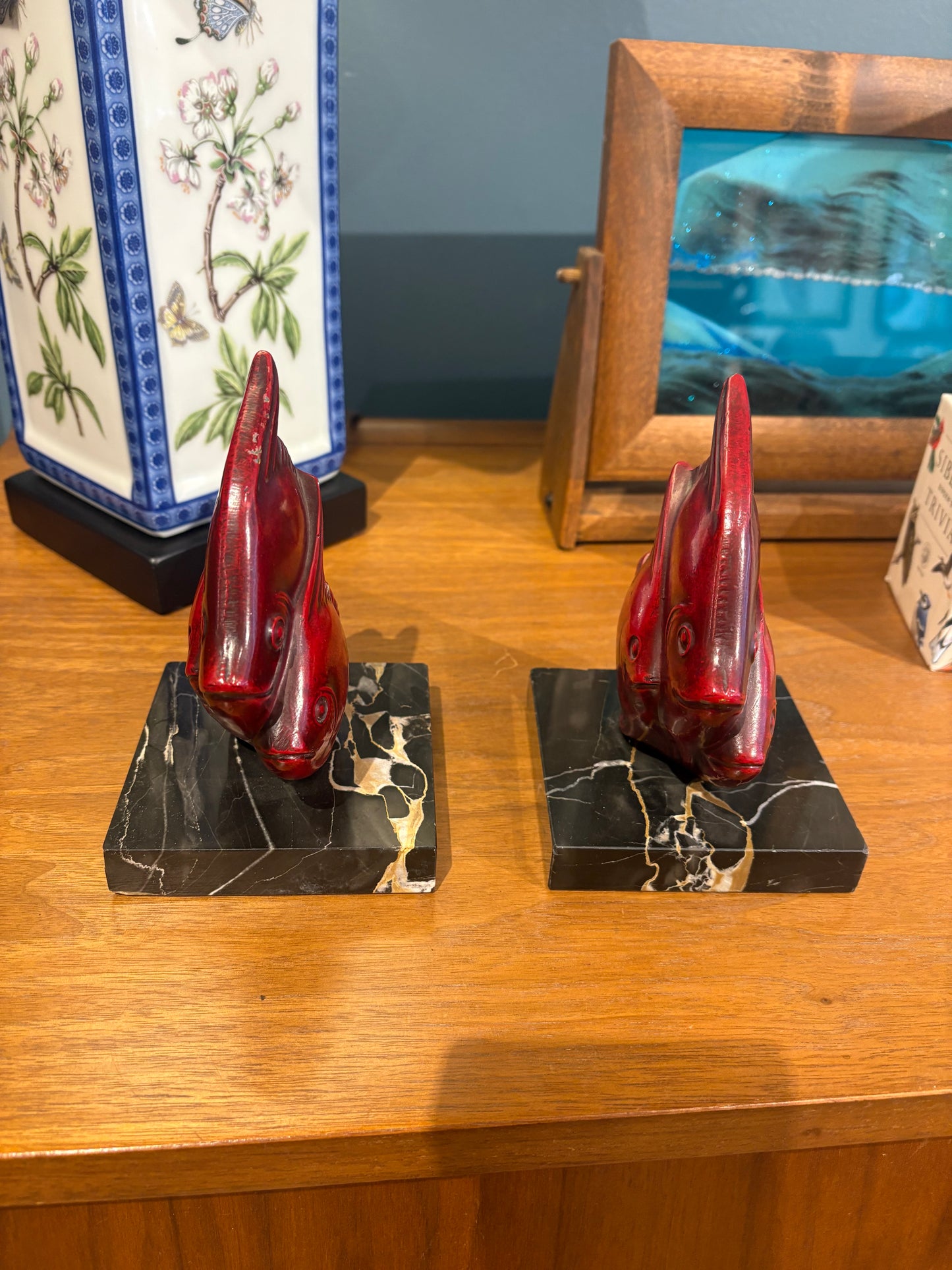 Red Enamel and Marble Fish Bookends