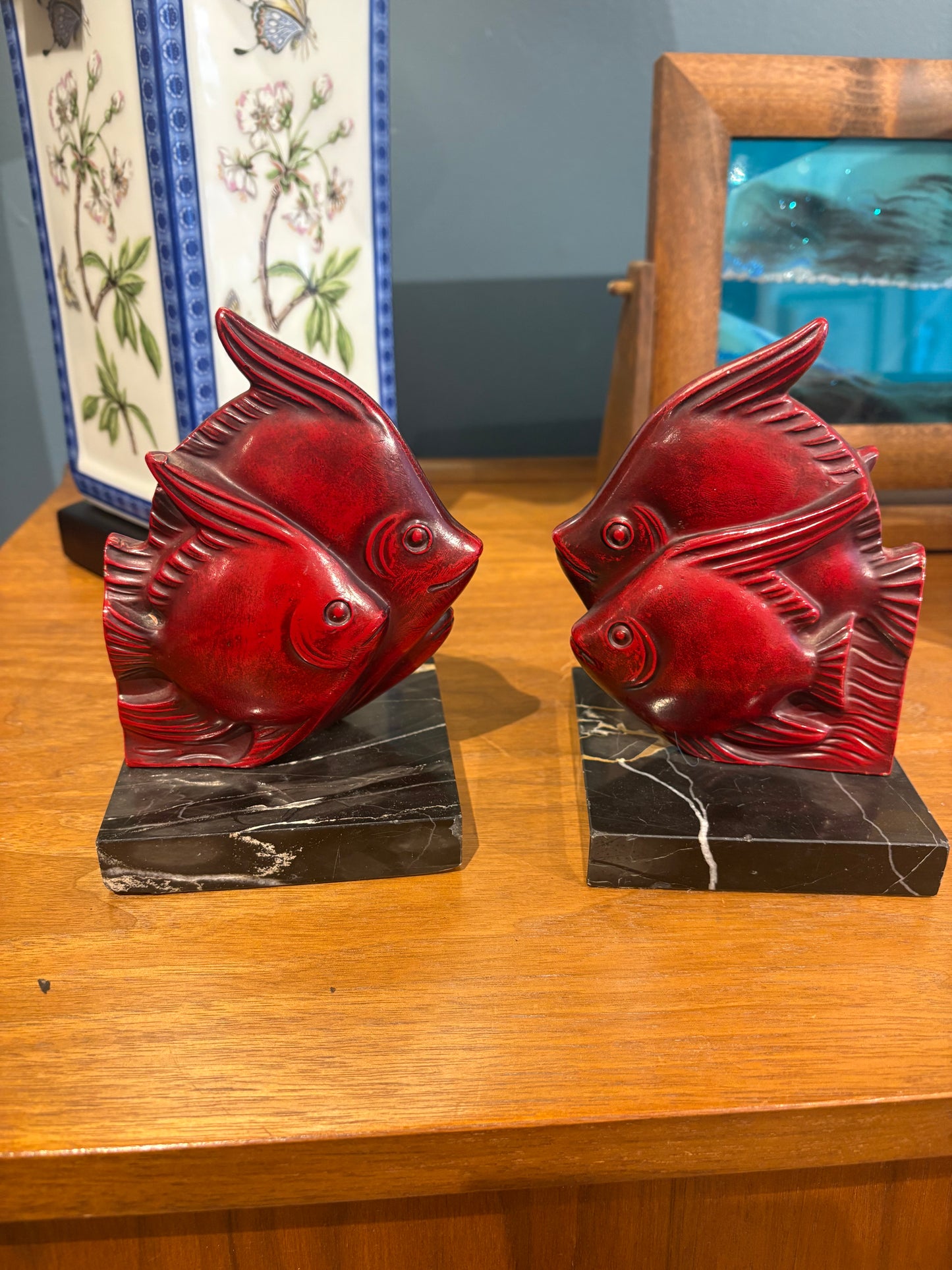 Red Enamel and Marble Fish Bookends