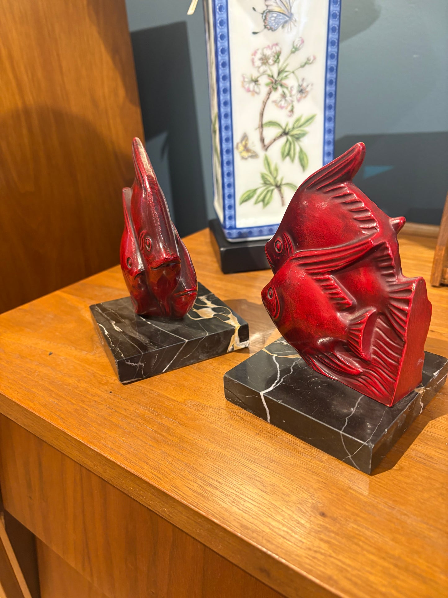 Red Enamel and Marble Fish Bookends