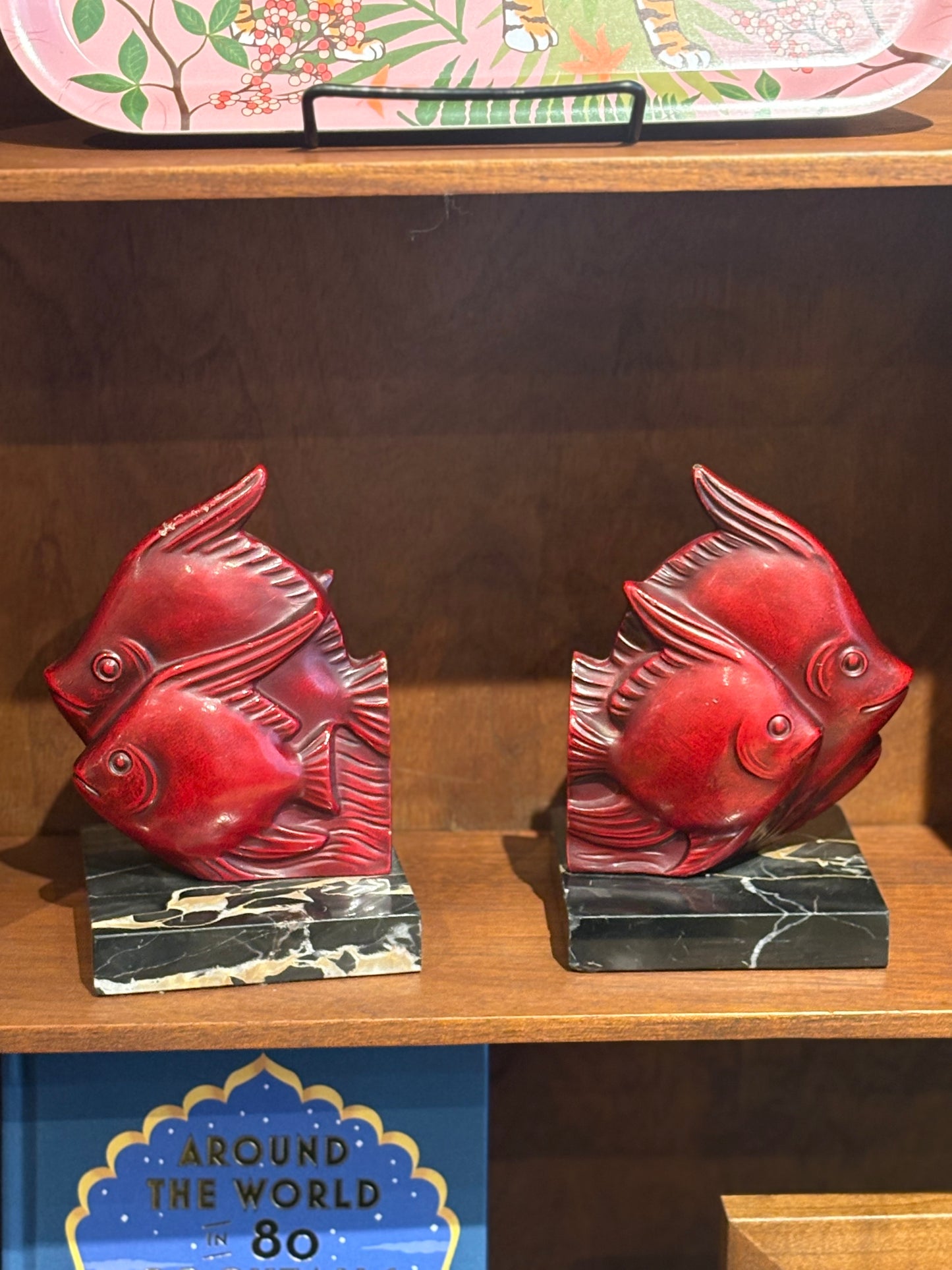 Red Enamel and Marble Fish Bookends