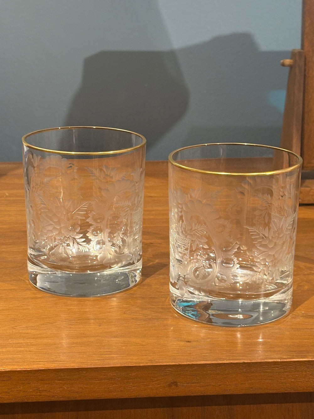 Pair Etched Crystal DOF Glasses with Gold Rim