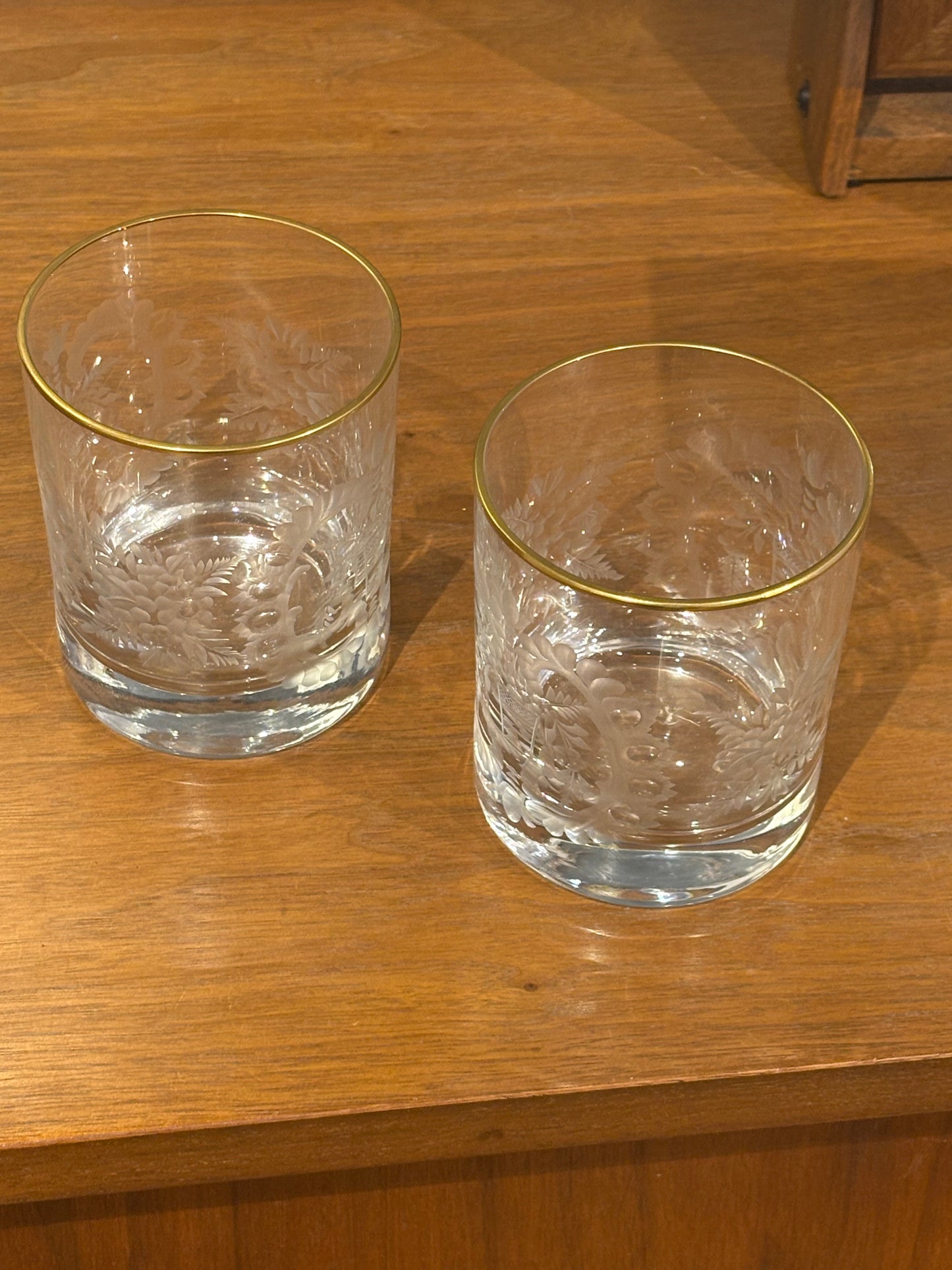 Pair Etched Crystal DOF Glasses with Gold Rim