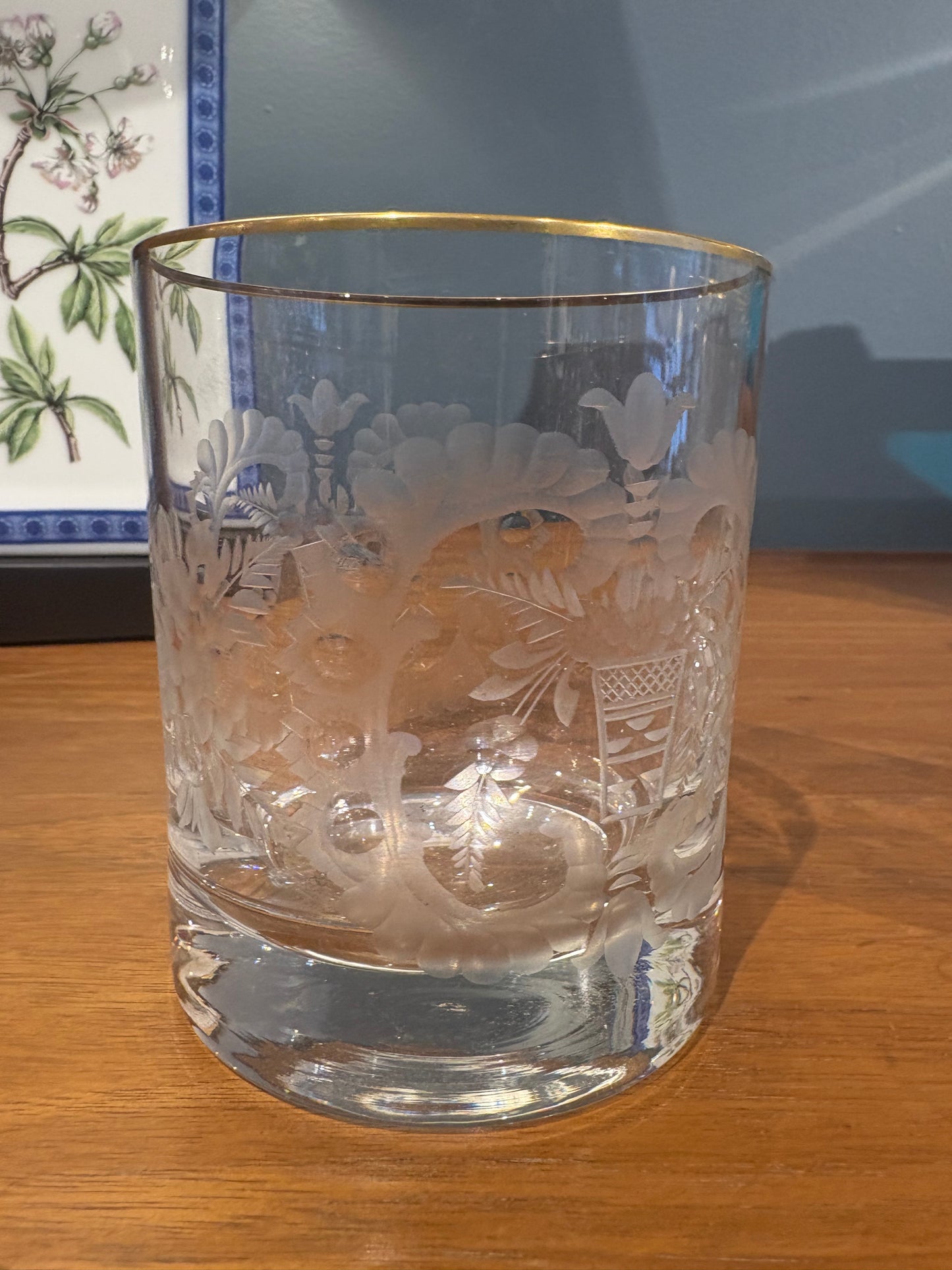 Pair Etched Crystal DOF Glasses with Gold Rim