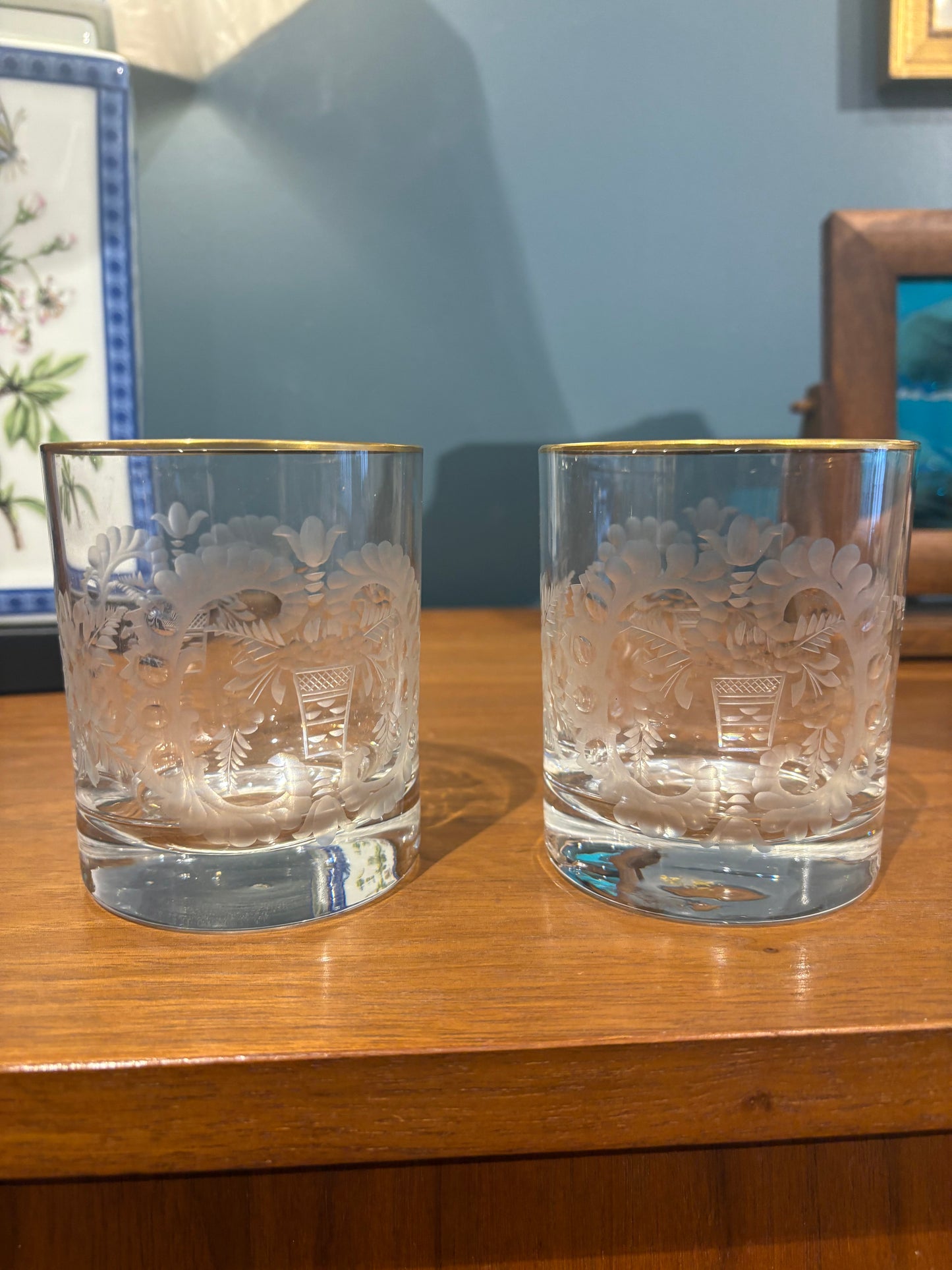 Pair Etched Crystal DOF Glasses with Gold Rim
