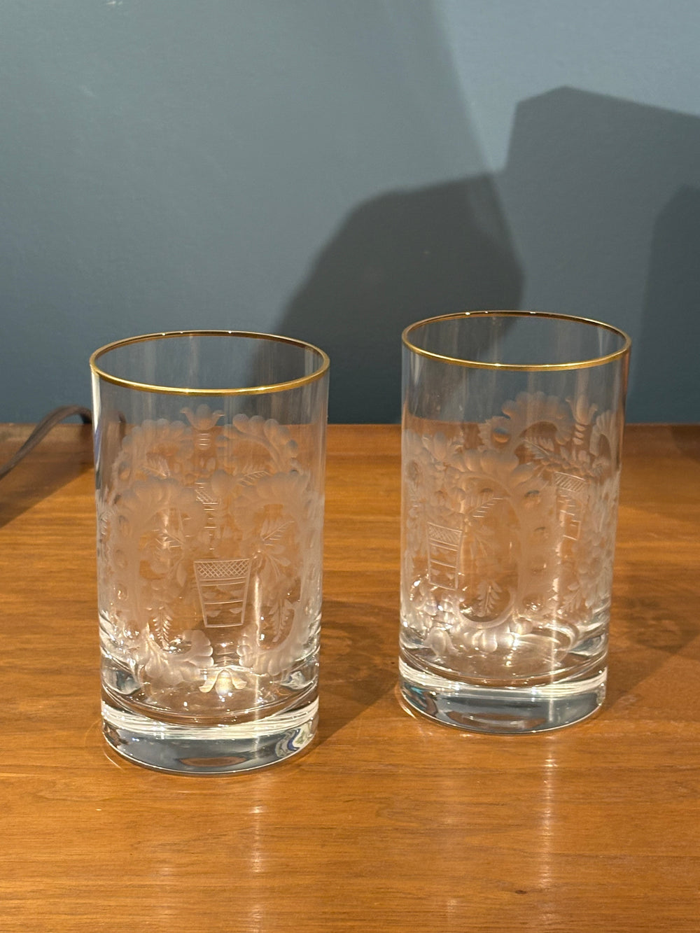 Pair Etched Crystal Highball Glasses with Gold Rim