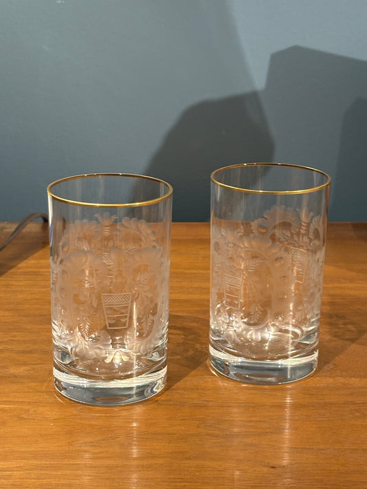 Pair Etched Crystal Highball Glasses with Gold Rim