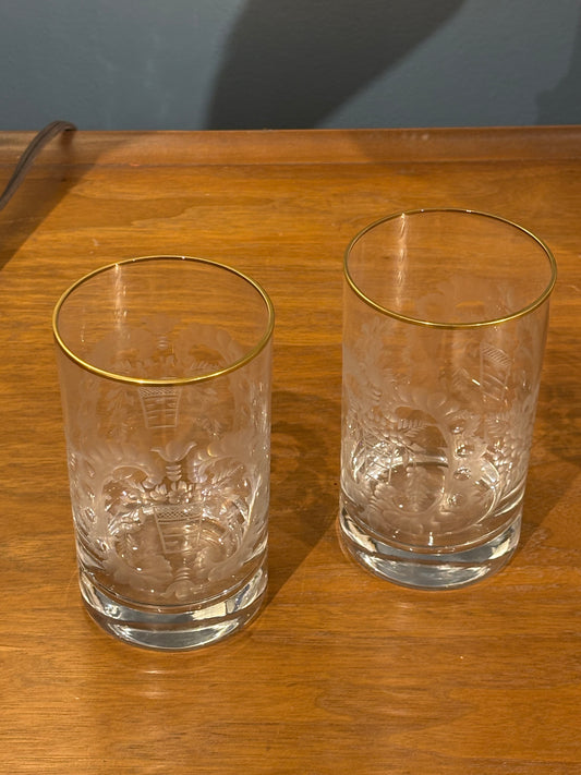 Pair Etched Crystal Highball Glasses with Gold Rim