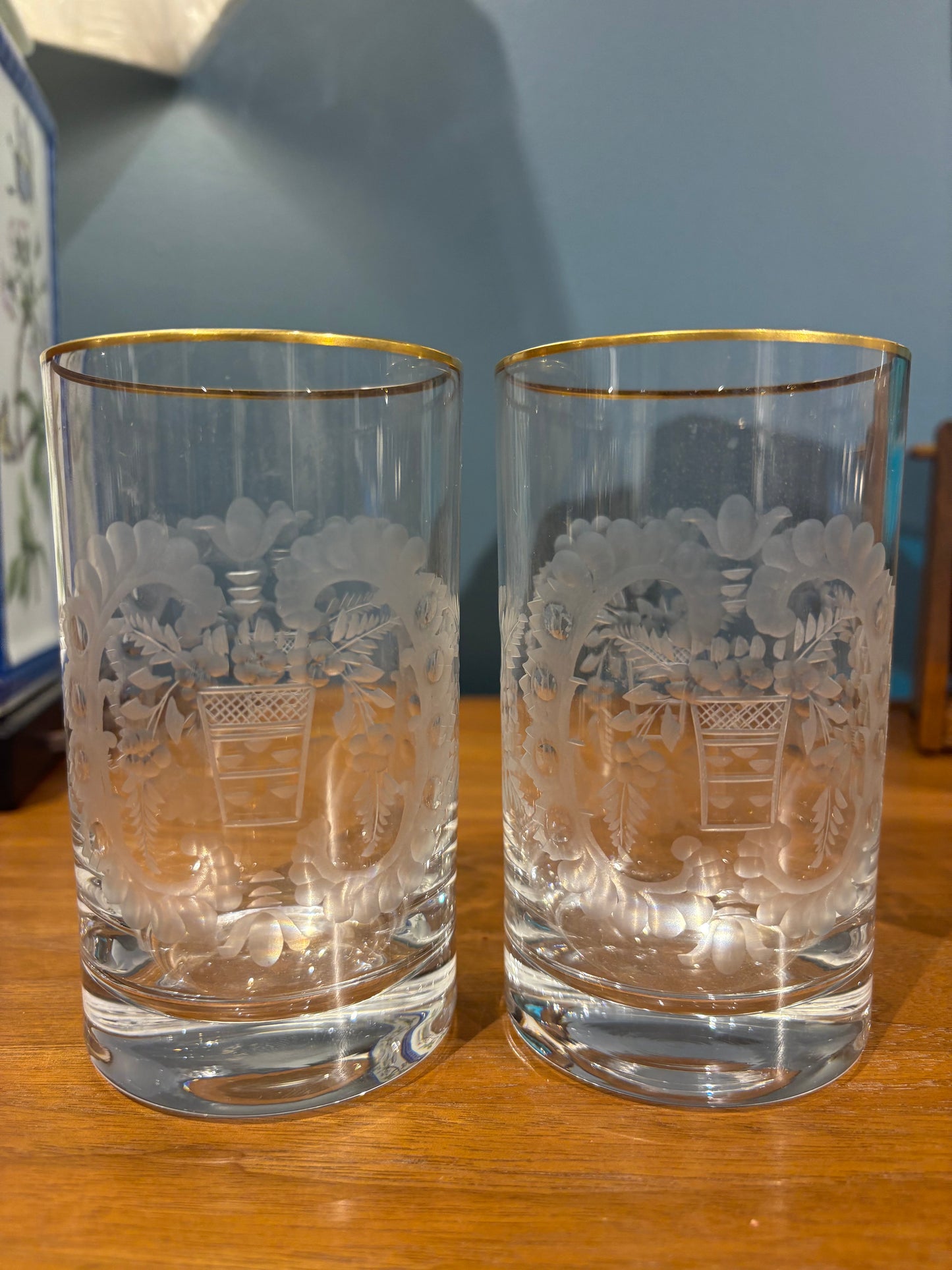 Pair Etched Crystal Highball Glasses with Gold Rim