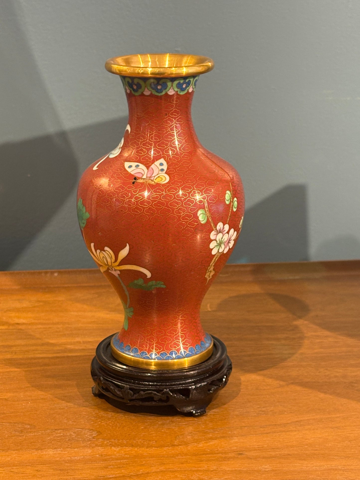 Red Cloisonne Vase on Wood Stand