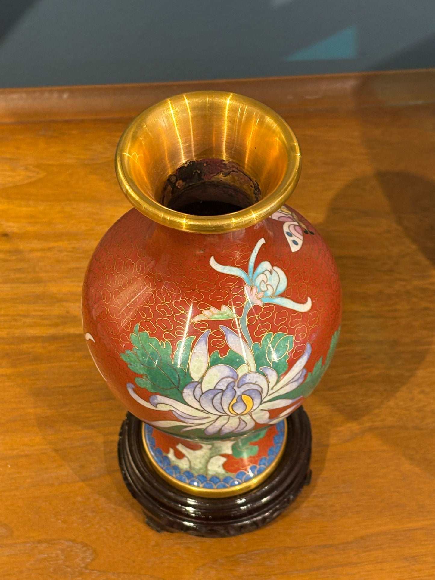 Red Cloisonne Vase on Wood Stand