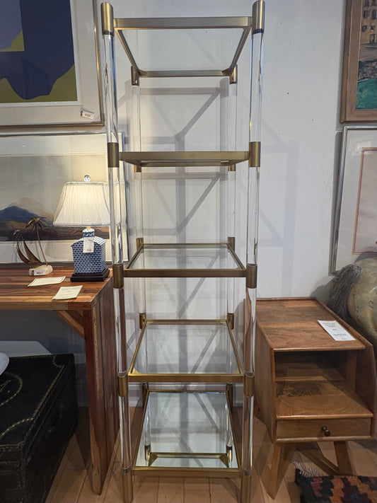 Lucite Brass and Glass Narrow Etagere