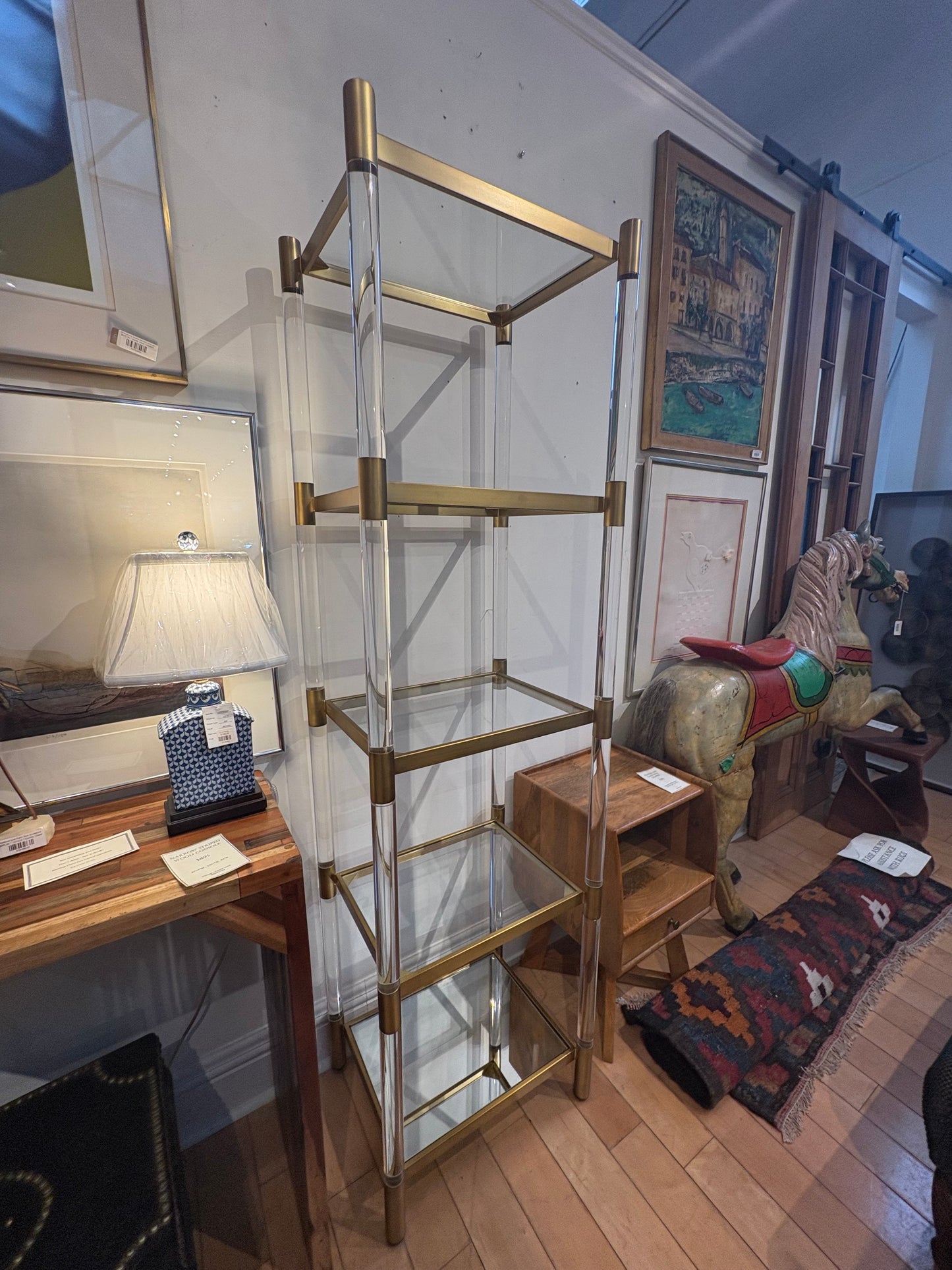 Lucite Brass and Glass Narrow Etagere