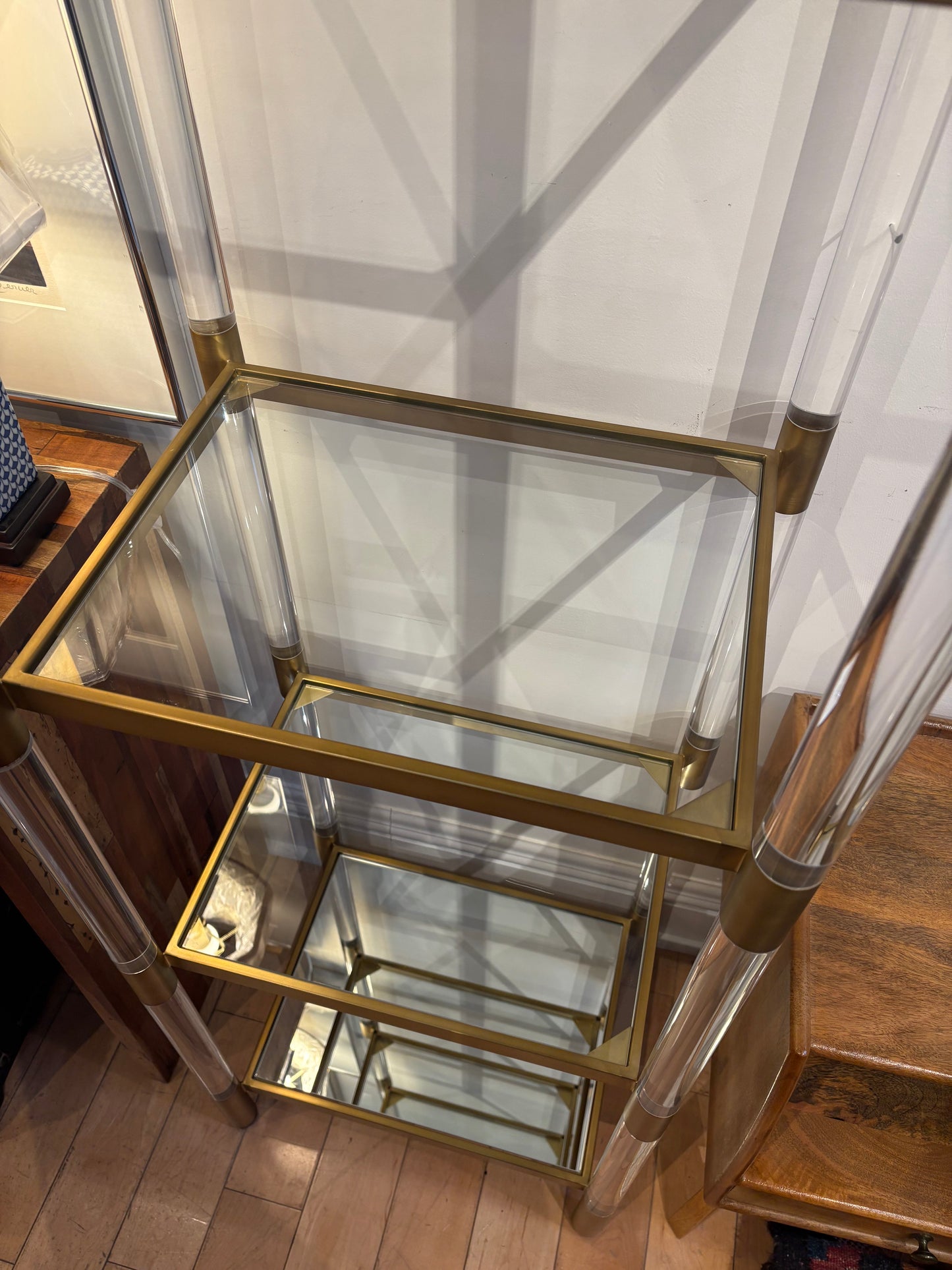 Lucite Brass and Glass Narrow Etagere